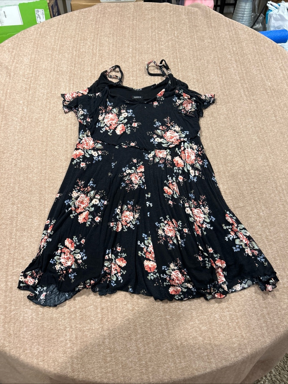 Torrid Black Floral Cold-Shoulder Dress with Pink Roses